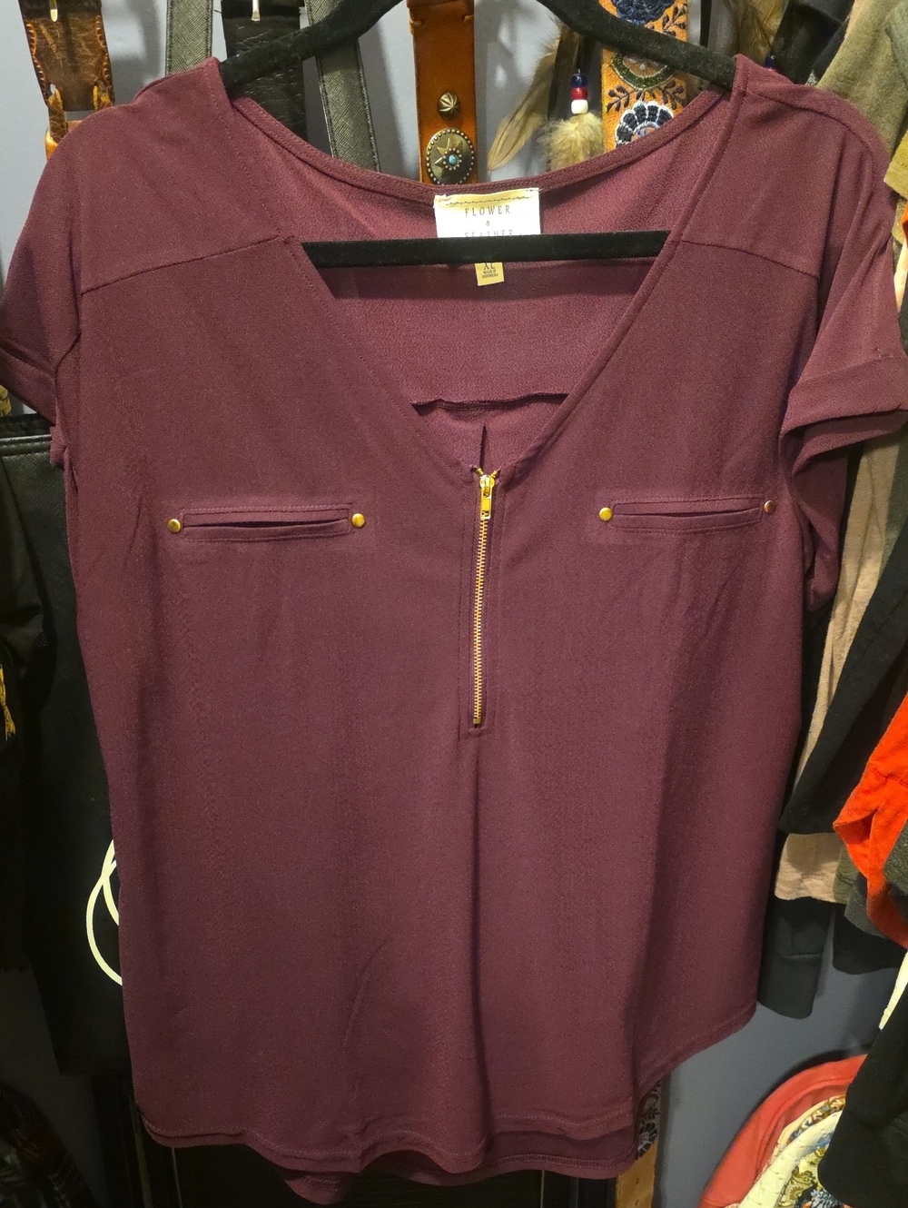 Plum Short-Sleeve Zip Pocket Blouse